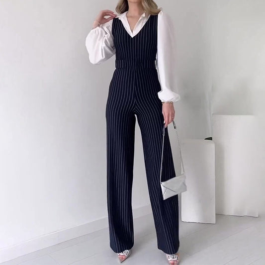 🌸Herbstschlussverkauf🌸kostenloser Versand✈️Langärmliger Jumpsuit mit gestreiftem Revers für Damen