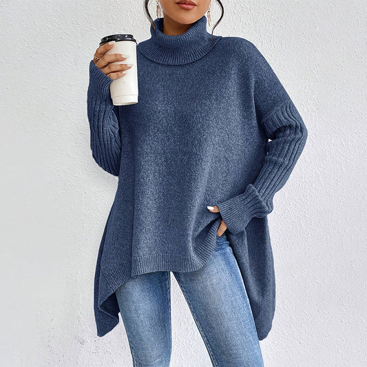 💖Pull femme tendance de couleur unie avec épaules tombantes, col montant et grosse maille